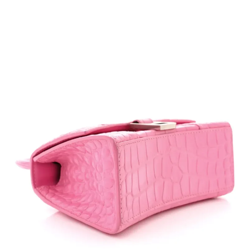 BALENCIAGA XS HOURGLASS TOP HANDLE BAG BABY PINK CROCODILE EMBOSSED SHINY CALFSKIN LEATHER SILVER HARDWARE - Image 6