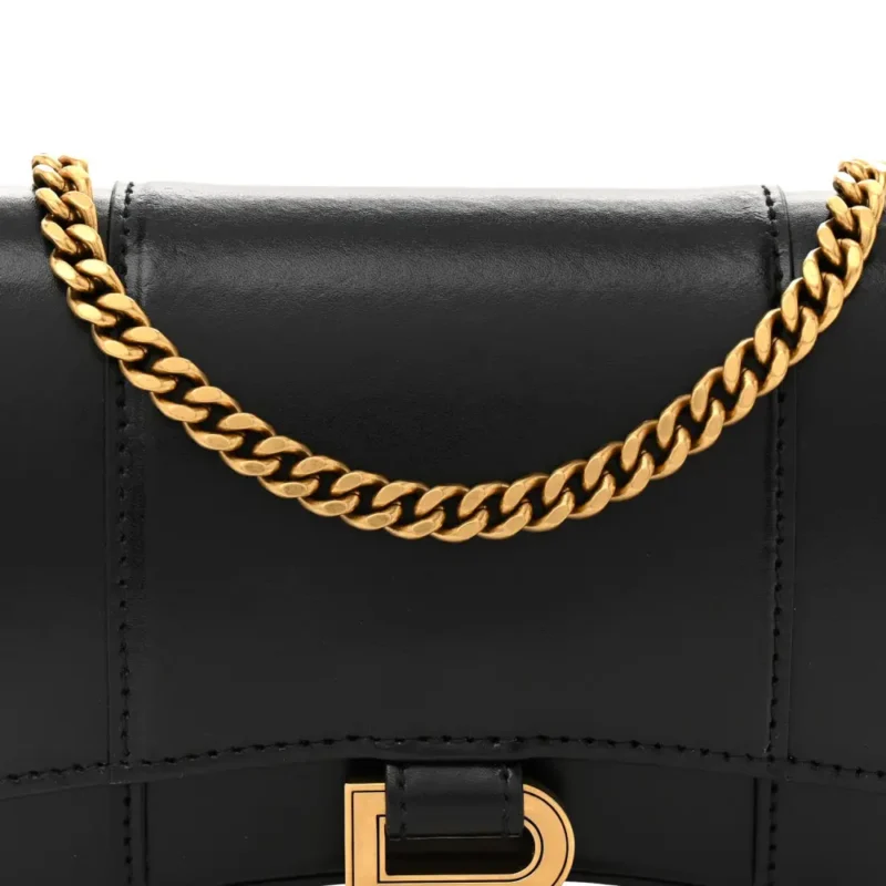 BALENCIAGA XS HOURGLASS CHAIN BAG BLACK SHINY BOX CALFSKIN LEATHER GOLD HARDWARE - Image 8