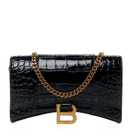 BALENCIAGA XS HOURGLASS CHAIN BAG BLACK CROCODILE EMBOSSED SHINY CALFSKIN LEATHER GOLD HARDWARE
