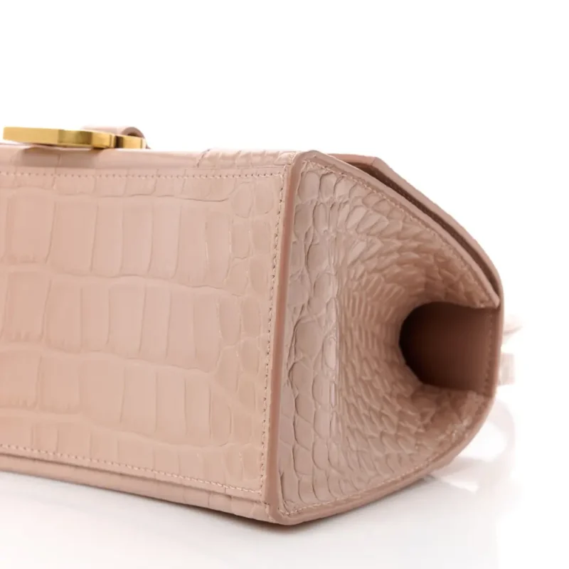 BALENCIAGA SMALL HOURGLASS TOP HANDLE BAG NUDE BEIGE CROCODILE EMBOSSED SHINY CALFSKIN LEATHER GOLD HARDWARE - Image 4