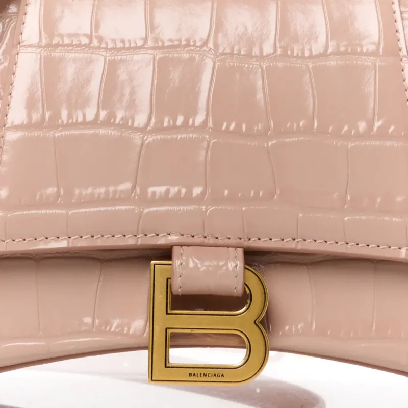 BALENCIAGA SMALL HOURGLASS TOP HANDLE BAG NUDE BEIGE CROCODILE EMBOSSED SHINY CALFSKIN LEATHER GOLD HARDWARE - Image 8