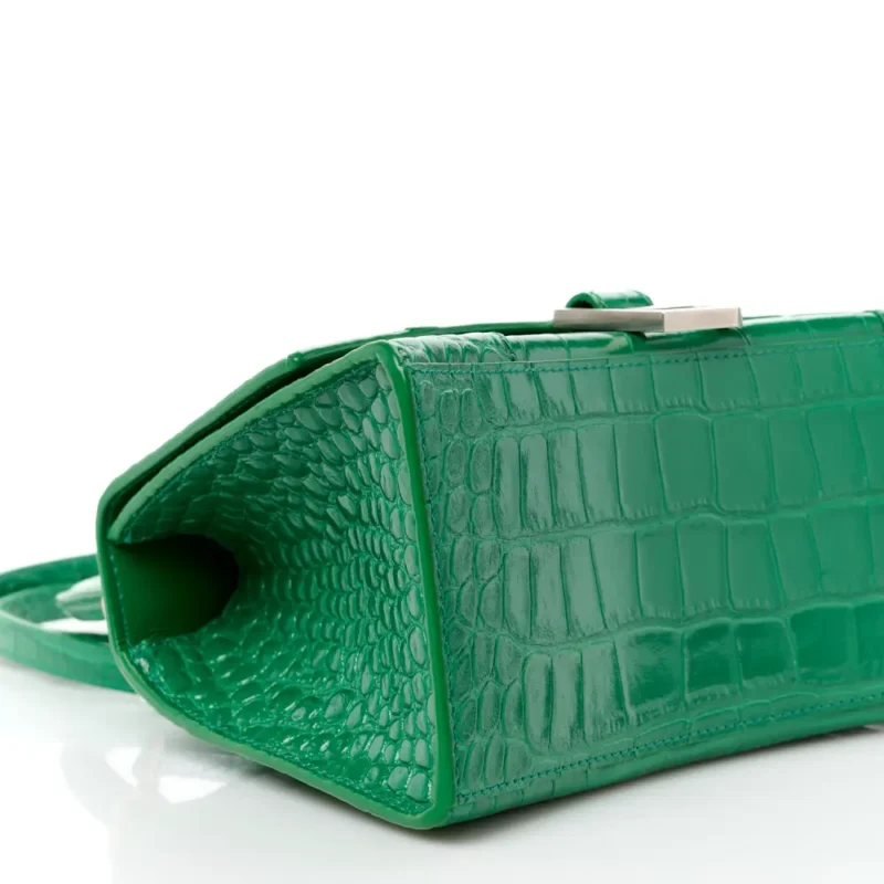 BALENCIAGA SMALL HOURGLASS TOP HANDLE BAG LEAF GREEN CROCODILE EMBOSSED SHINY CALFSKIN LEATHER SILVER HARDWARE - Image 5