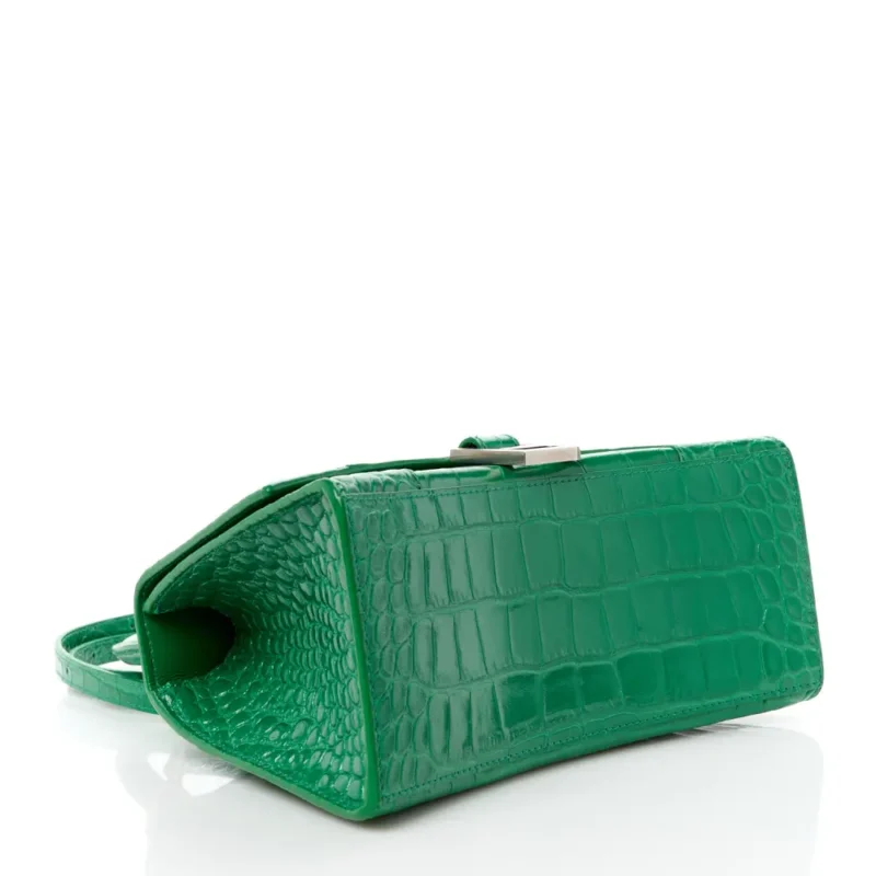 BALENCIAGA SMALL HOURGLASS TOP HANDLE BAG LEAF GREEN CROCODILE EMBOSSED SHINY CALFSKIN LEATHER SILVER HARDWARE - Image 6