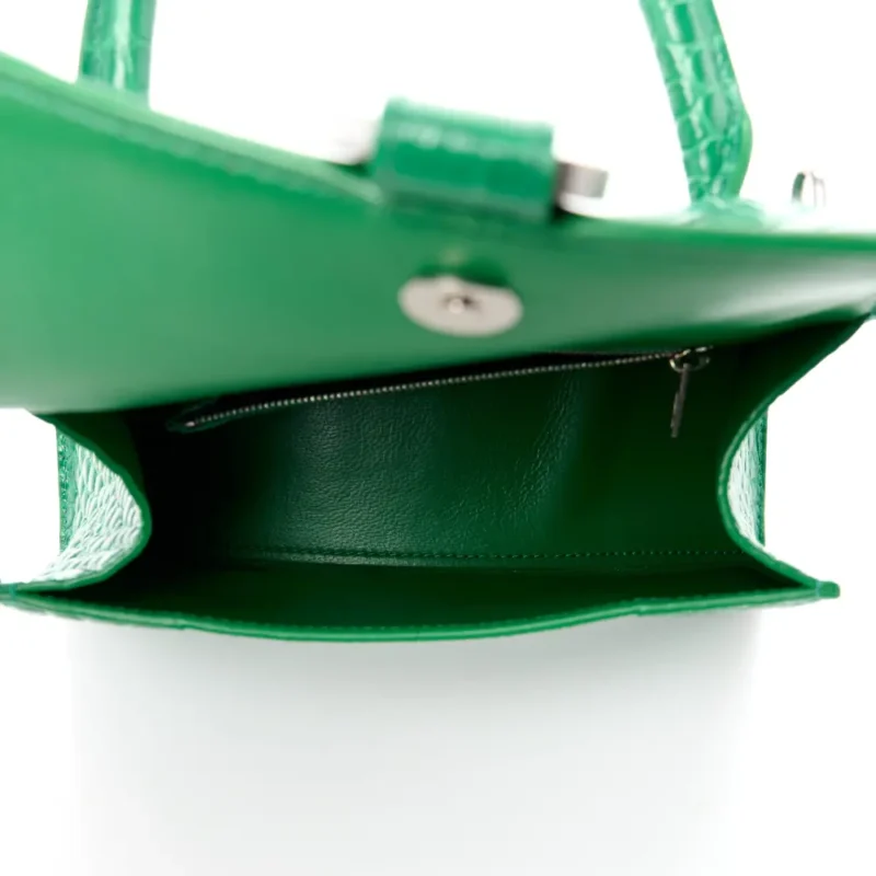 BALENCIAGA SMALL HOURGLASS TOP HANDLE BAG LEAF GREEN CROCODILE EMBOSSED SHINY CALFSKIN LEATHER SILVER HARDWARE - Image 7