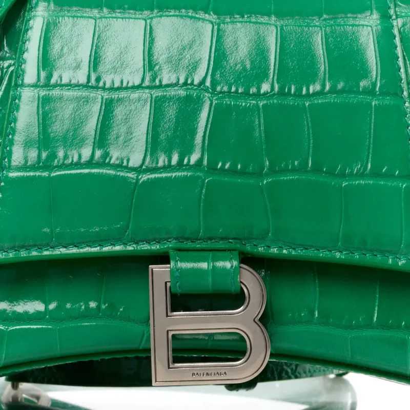 BALENCIAGA SMALL HOURGLASS TOP HANDLE BAG LEAF GREEN CROCODILE EMBOSSED SHINY CALFSKIN LEATHER SILVER HARDWARE - Image 8