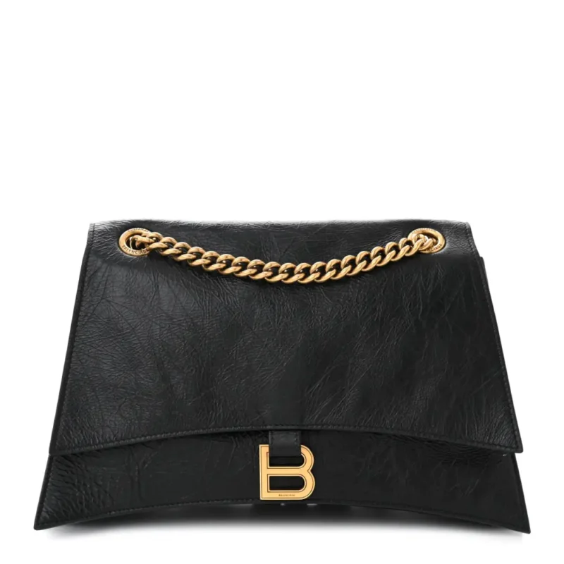 BALENCIAGA MEDIUM CRUSH CHAIN BAG BLACK CRUSHED CALFSKIN LEATHER GOLD HARDWARE