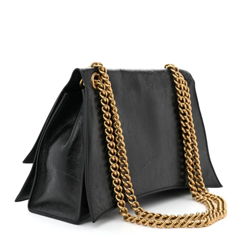 BALENCIAGA MEDIUM CRUSH CHAIN BAG BLACK CRUSHED CALFSKIN LEATHER GOLD HARDWARE - Image 3