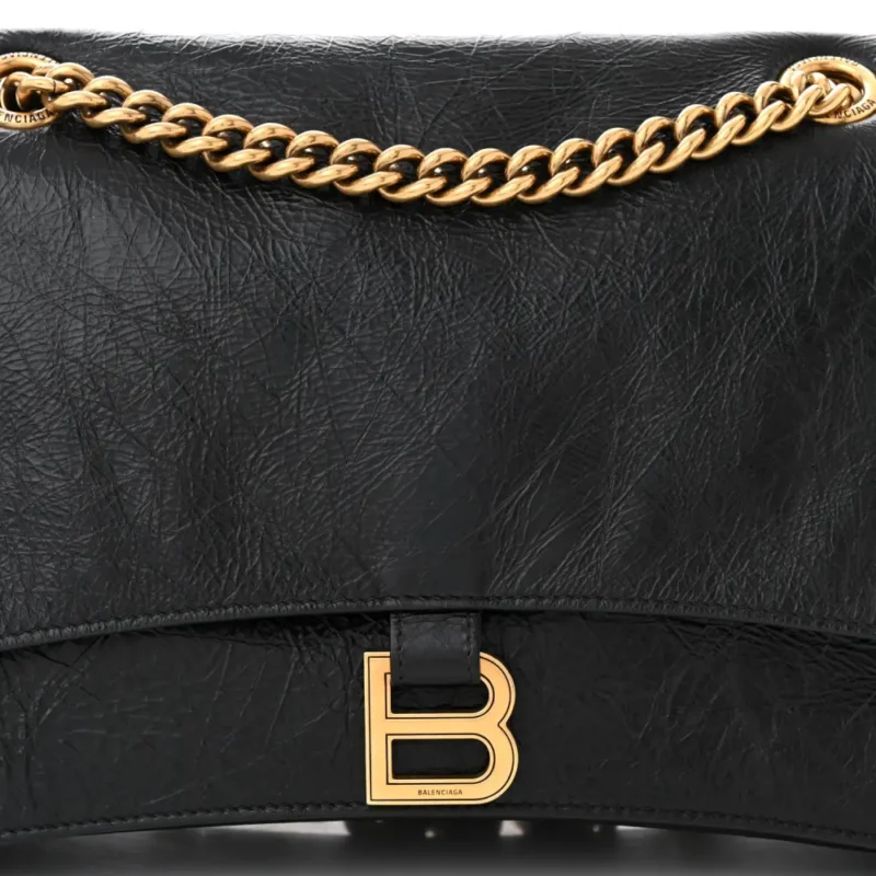 BALENCIAGA MEDIUM CRUSH CHAIN BAG BLACK CRUSHED CALFSKIN LEATHER GOLD HARDWARE - Image 9