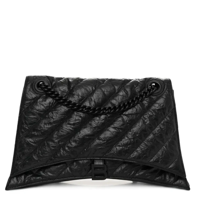 BALENCIAGA MEDIUM CRUSH CHAIN BAG BLACK QUILTED CRUSHED CALFSKIN LEATHER BLACK HARDWARE