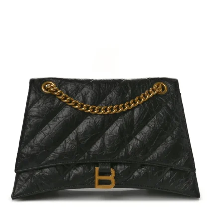BALENCIAGA MEDIUM CRUSH CHAIN BAG BLACK QUILTED CRUSHED CALFSKIN LEATHER GOLD HARDWARE