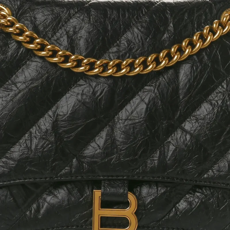 BALENCIAGA MEDIUM CRUSH CHAIN BAG BLACK QUILTED CRUSHED CALFSKIN LEATHER GOLD HARDWARE - Image 8