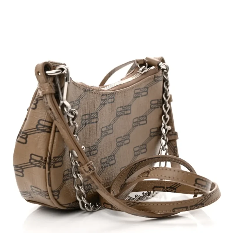 BALENCIAGA BB LE CAGOLE MINI PURSE WITH CHAIN BEIGE/BROWN COATED CANVAS MONOGRAM SILVER HARDWARE - Image 3