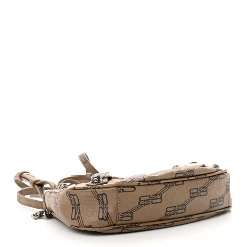 BALENCIAGA BB LE CAGOLE MINI PURSE WITH CHAIN BEIGE/BROWN COATED CANVAS MONOGRAM SILVER HARDWARE - Image 6