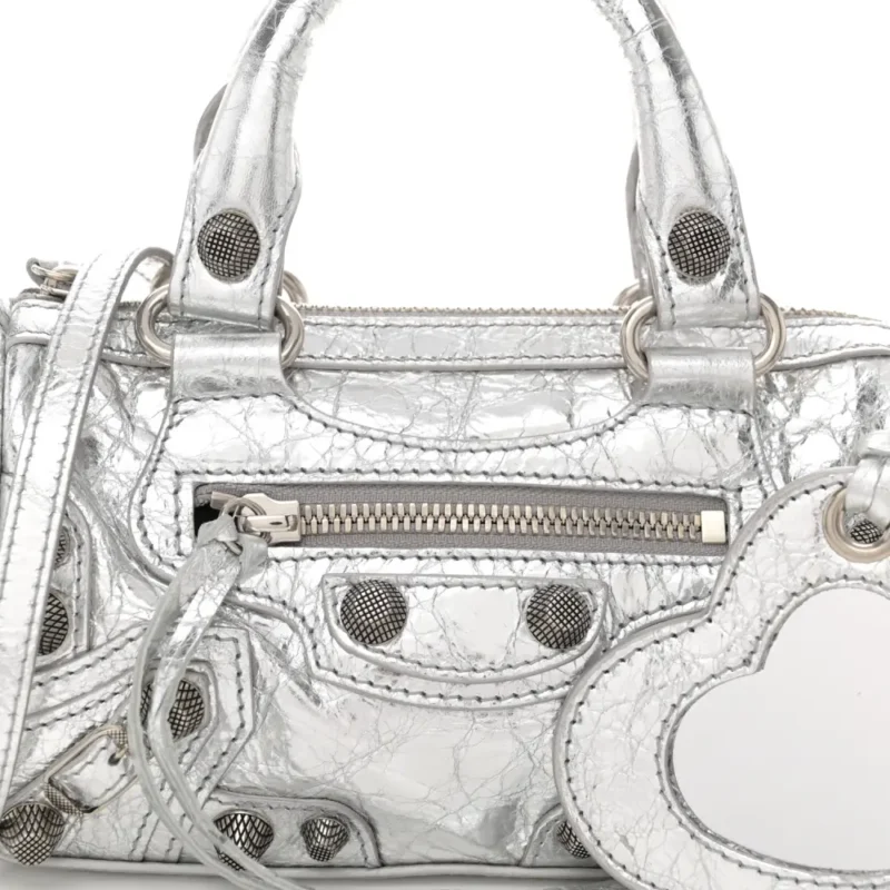 BALENCIAGA CRYSTAL NEO NANO CAGOLE HANDBAG SILVER AGNEAU ARENA LEATHER SILVER HARDWARE - Image 8