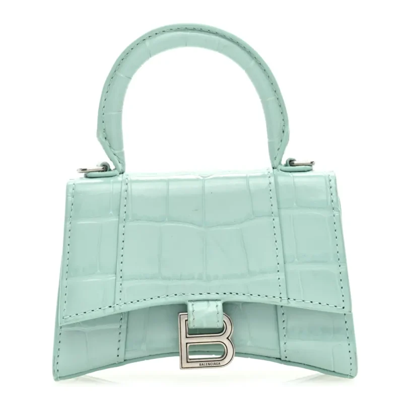 BALENCIAGA HOURGLASS MINI TOP HANDLE BAG WITH CHAIN GREEN ACQUA CROCODILE EMBOSSED SHINY CALFSKIN LEATHER