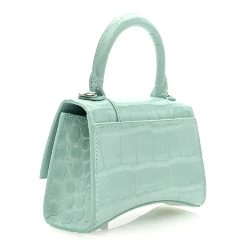 BALENCIAGA HOURGLASS MINI TOP HANDLE BAG WITH CHAIN GREEN ACQUA CROCODILE EMBOSSED SHINY CALFSKIN LEATHER - Image 3