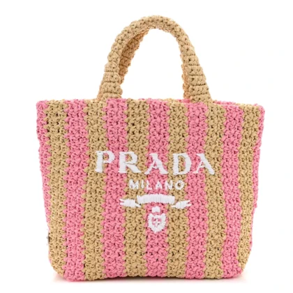 PRADA SMALL EFFECT CROCHET STRIPED LOGO TOTE NATURALE/PETALO YARN RAFFIA