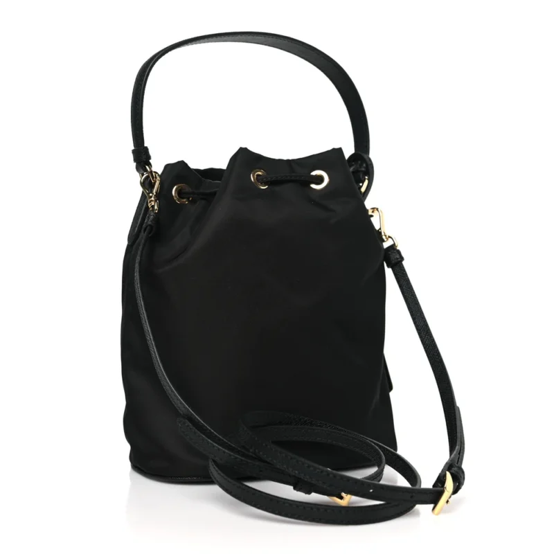 PRADA MINI RE-EDITION 1978 BUCKET BAG BLACK RE-NYLON & SAFFIANO LEATHER GOLD HARDWARE - Image 3