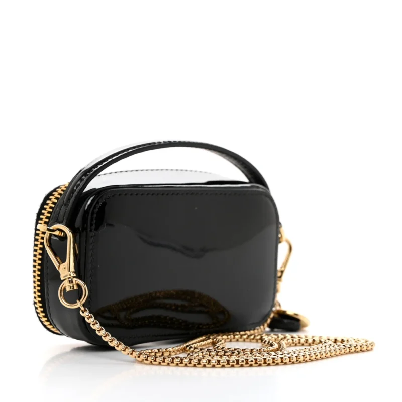 PRADA MINI METAL TRIANGLE LOGO POUCH WITH HANDLE BLACK VERNICE LEATHER GOLD HARDWARE - Image 3