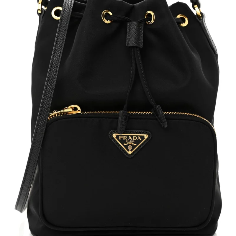PRADA MINI BUCKET CROSSBODY BAG BLACK SAFFIANO LEATHER & TESSUTO NYLON BRASS HARDWARE - Image 8