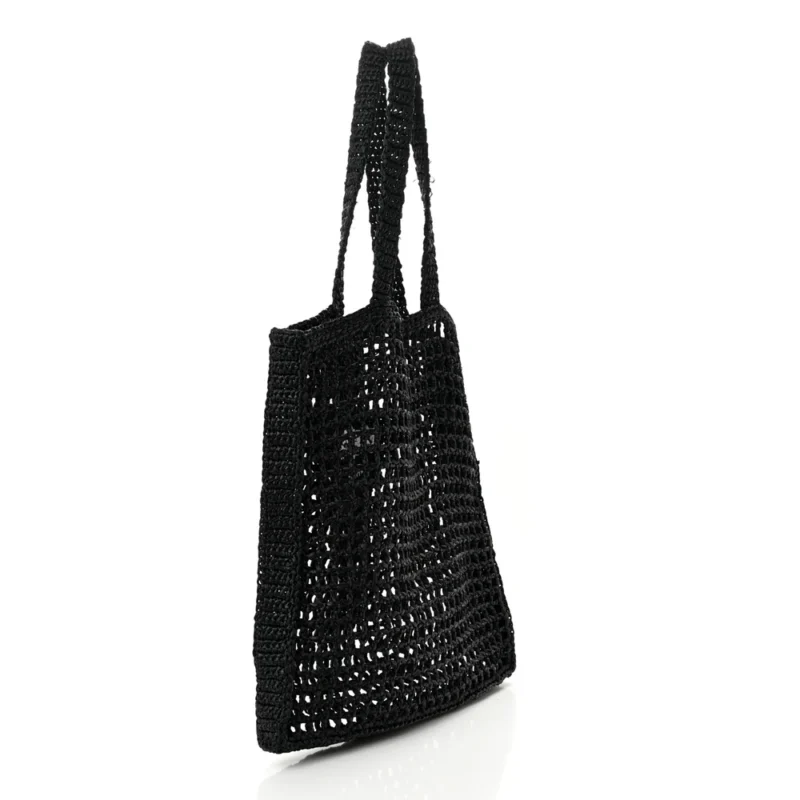 PRADA MEDIUM EFFECT CROCHET LOGO EMBROIDERED TOTE BAG BLACK YARN RAFFIA - Image 3