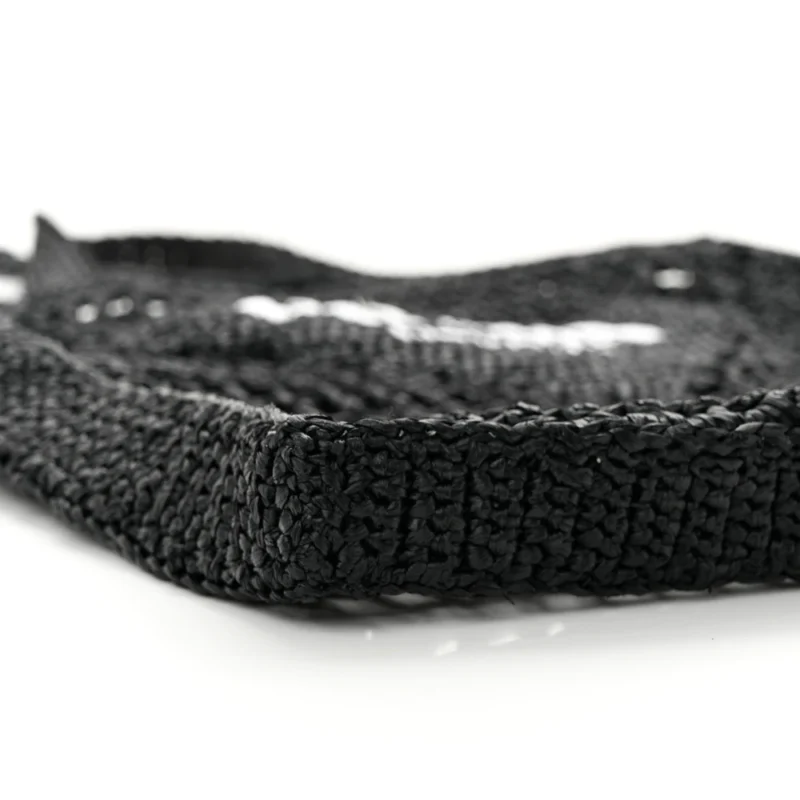 PRADA MEDIUM EFFECT CROCHET LOGO EMBROIDERED TOTE BAG BLACK YARN RAFFIA - Image 4