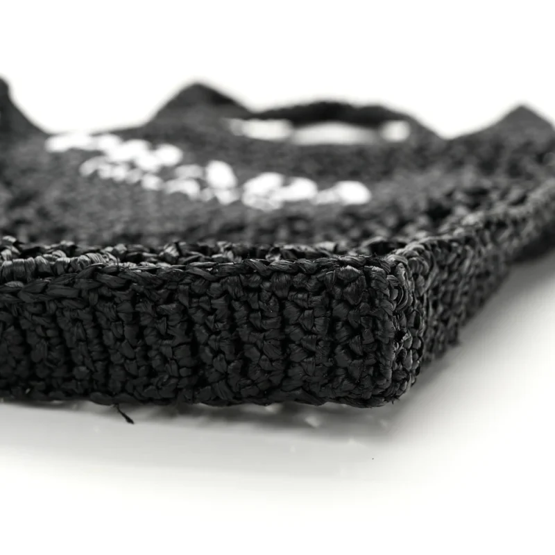 PRADA MEDIUM EFFECT CROCHET LOGO EMBROIDERED TOTE BAG BLACK YARN RAFFIA - Image 5