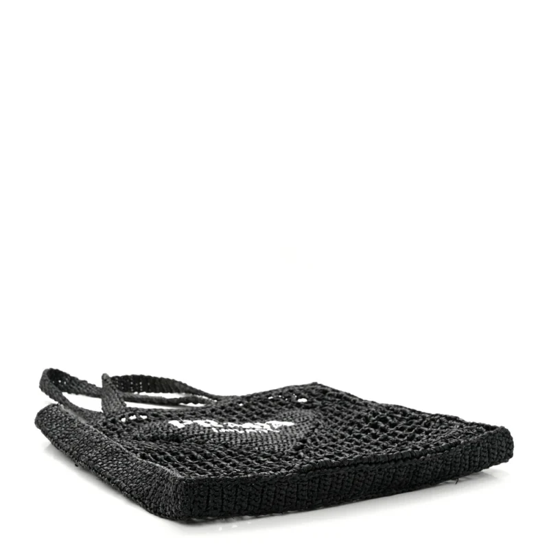 PRADA MEDIUM EFFECT CROCHET LOGO EMBROIDERED TOTE BAG BLACK YARN RAFFIA - Image 6