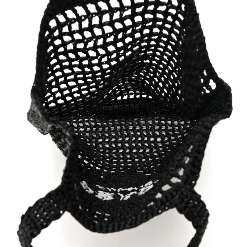 PRADA MEDIUM EFFECT CROCHET LOGO EMBROIDERED TOTE BAG BLACK YARN RAFFIA - Image 7