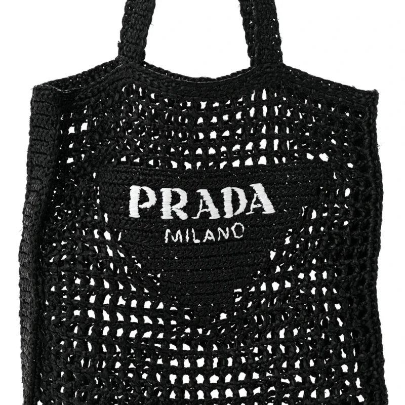 PRADA MEDIUM EFFECT CROCHET LOGO EMBROIDERED TOTE BAG BLACK YARN RAFFIA - Image 8