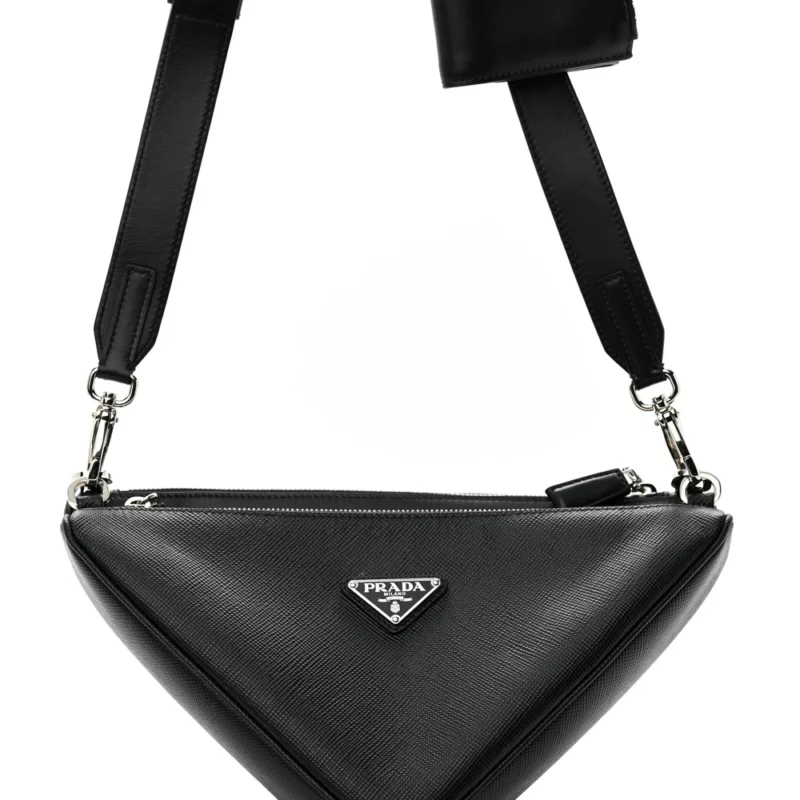 PRADA MEDIUM DOUBLE TRIANGLE SHOULDER BAG BLACK VITELLO SAFFIANO CUIR LEATHER SILVER HARDWARE - Image 9