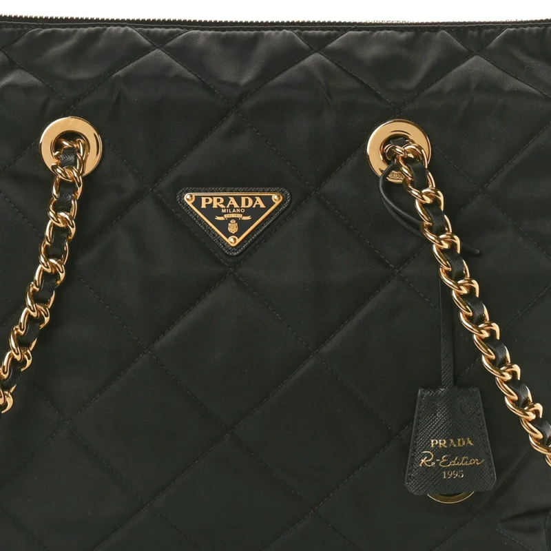 PRADA LARGE IMPUNTU TRIANGLE STITCHED RE-EDITION 1995 CHAINE SHOULDER BAG BLACK RE-NYLON & SAFFIANO LEATHER - Image 8
