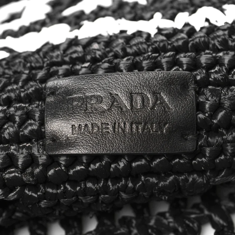 PRADA LARGE EFFECT LOGO EMBROIDERED SHOPPING CROCHET TOTE BAG BLACK YARN RAFFIA - Image 2