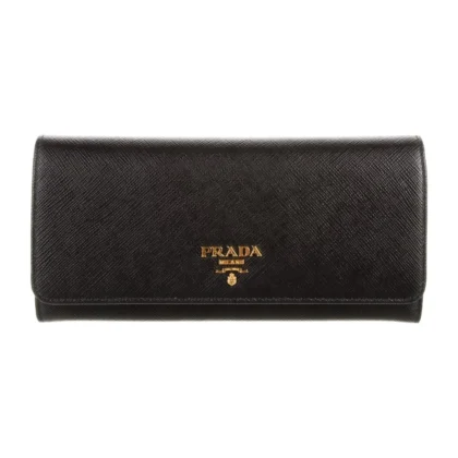 PRADA LARGE CONTINENTAL WALLET BLACK SAFFIANO METAL LEATHER GOLD HARDWARE