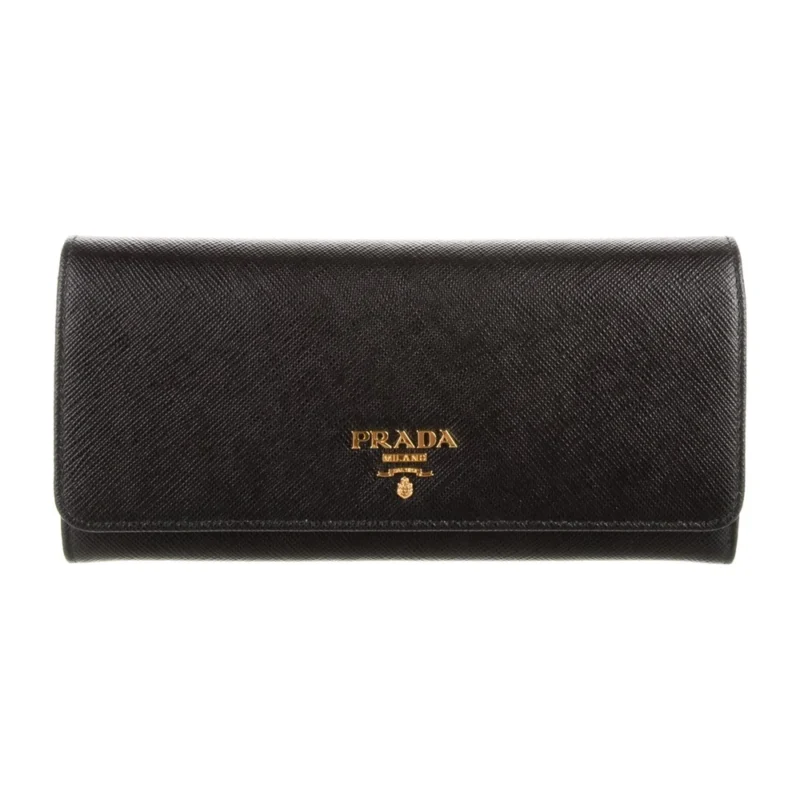 PRADA LARGE CONTINENTAL WALLET BLACK SAFFIANO METAL LEATHER GOLD HARDWARE