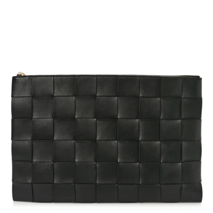 BOTTEGA VENETA MAXI INTRECCIATO LARGE CASSETTE FLAT ZIP POUCH BLACK NAPPA LEATHER