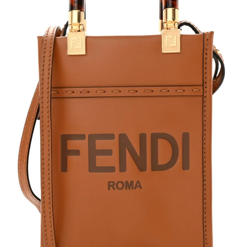 FENDI MINI LOGO EMBOSSED FENDI SUNSHINE SHOPPER TOTE CUOIO KING VITELLO LEATHER & PLEXIGLASS GOLD HARDWARE - Image 2