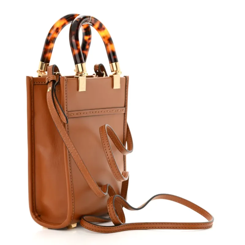 FENDI MINI LOGO EMBOSSED FENDI SUNSHINE SHOPPER TOTE CUOIO KING VITELLO LEATHER & PLEXIGLASS GOLD HARDWARE - Image 4