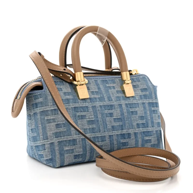 FENDI FF MINI BY THE WAY TOP HANDLE BOSTON BAG TORTORA/NUVOLA DENIM & KING VITELLO LEATHER GOLD HARDWARE - Image 3