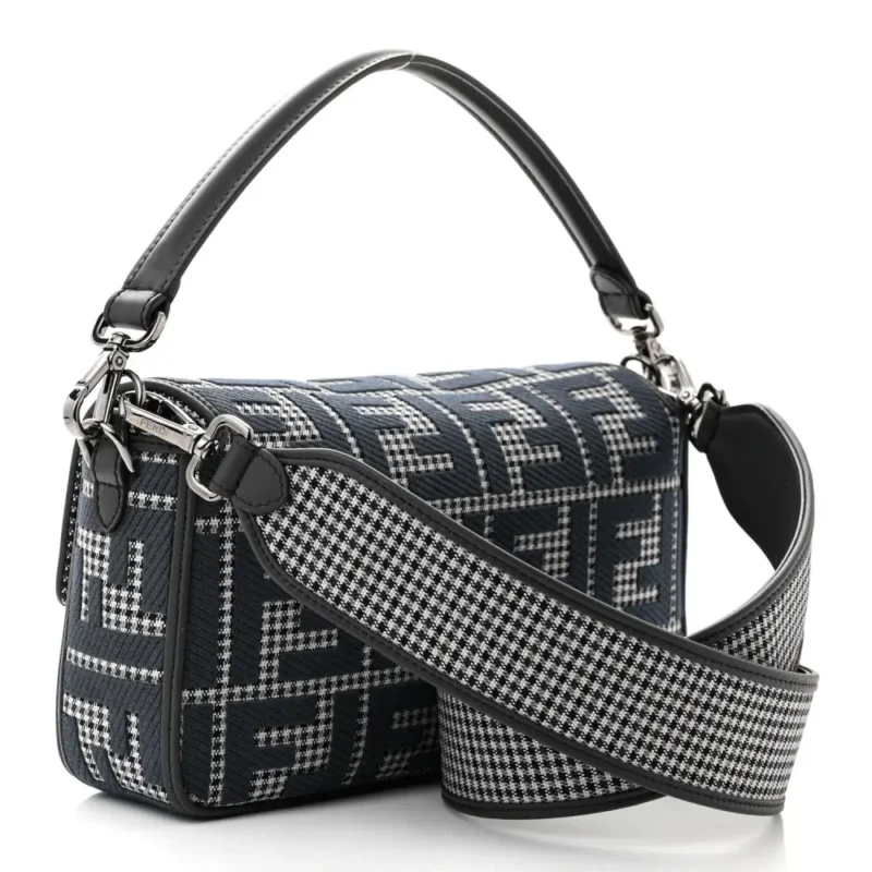 FENDI FF EMBROIDERED BAGUETTE GRIGIO / ANTHRACITE HOUNDSTOOTH WOOL & KING VITELLO LEATHER RUTHENIUM HARDWARE - Image 3