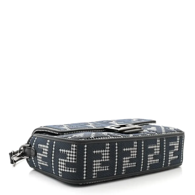 FENDI FF EMBROIDERED BAGUETTE GRIGIO / ANTHRACITE HOUNDSTOOTH WOOL & KING VITELLO LEATHER RUTHENIUM HARDWARE - Image 6
