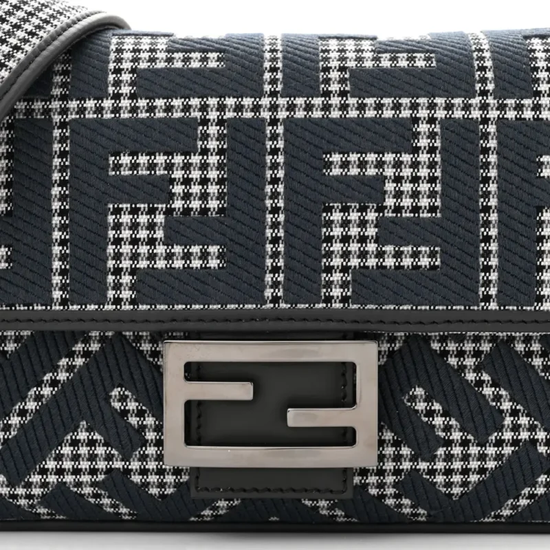 FENDI FF EMBROIDERED BAGUETTE GRIGIO / ANTHRACITE HOUNDSTOOTH WOOL & KING VITELLO LEATHER RUTHENIUM HARDWARE - Image 9