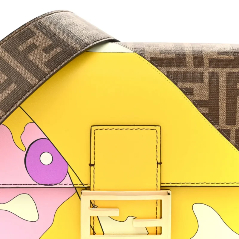FENDI FF 1974 HAIRDO GIRLS INLAY BAGUETTE MOGANO/PANNA/MULTICOLOR GLAZED FABRIC GOLD HARDWARE - Image 9