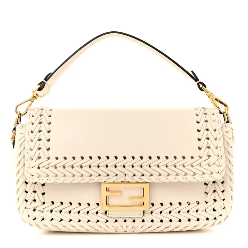 FENDI CEYLON WOVEN BAGUETTE WHITE ICE KING VITELLO LEATHER GOLD HARDWARE