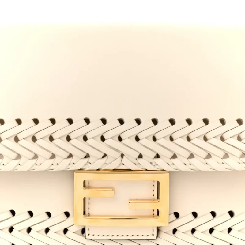 FENDI CEYLON WOVEN BAGUETTE WHITE ICE KING VITELLO LEATHER GOLD HARDWARE - Image 8