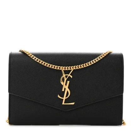 SAINT LAURENT SMALL UPTOWN CHAIN WALLET BLACK GRAIN DE POUDRE LEATHER GOLD HARDWARE
