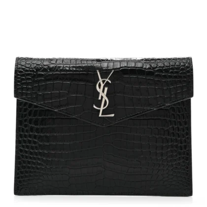 SAINT LAURENT SMALL UPTOWN POUCH BLACK EMBOSSED MONOGRAM CALFSKIN & CROCODILE LEATHER SILVER HARDWARE