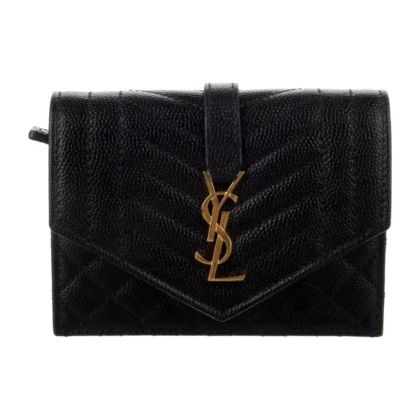 SAINT LAURENT SMALL TRIQUILT CASSANDRE ENVELOPE COMPACT WALLET BLACK MATELASS?? CALFSKIN LEATHER GOLD HARDWARE