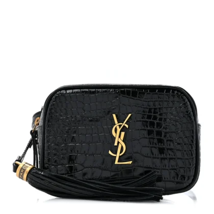 SAINT LAURENT SMALL LOU BELT BAG BLACK EMBOSSED MONOGRAM PATENT CALFSKIN & CROCODILE LEATHER AGED GOLD HARDWARE