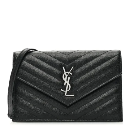 SAINT LAURENT SMALL ENVELOPE CHAIN WALLET BLACK CHEVRON MONOGRAM GRAIN DE POUDRE MATELASSE LEATHER SILVER HARDWARE